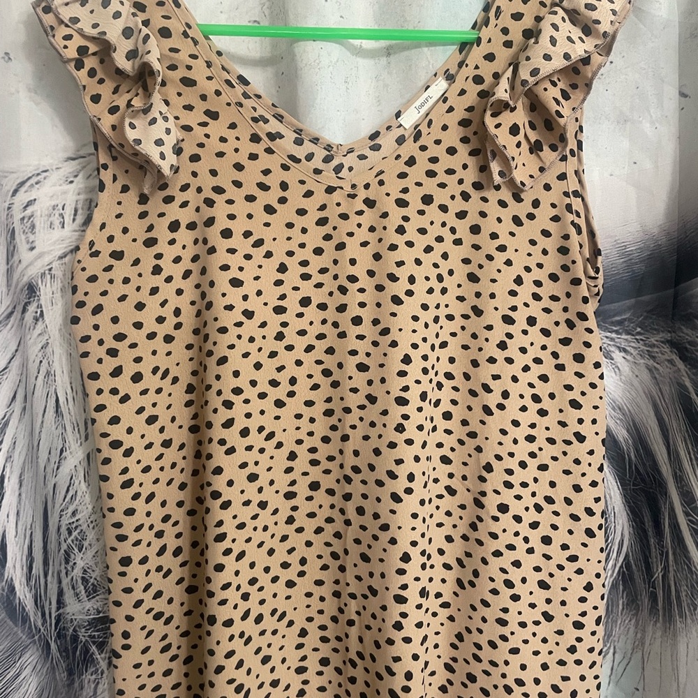 JODIFL Tan and Black Polka Dot Ruffle Blouse